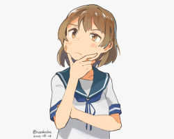 Rule 34 | 1girl, bandaid, bandaid on face, blue sailor collar, brown eyes, commentary request, dated, hand on own chin, kantai collection, kusakabe (kusakabeworks), looking up, oboro (kancolle), sailor collar, school uniform, serafuku, short hair, simple background, solo, thinking, twitter username, upper body, white background