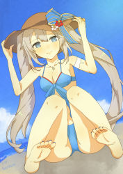 Rule 34 | 1girl, adjusting clothes, adjusting headwear, barefoot, beach, bikini, blonde hair, blue eyes, breasts, cleavage, fate/grand order, fate (series), feet, foot focus, hat, highres, long hair, looking at viewer, marie antoinette (fate), nail polish, sitting, smile, soles, sun hat, swimsuit, toes, twintails