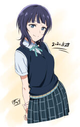 Rule 34 | 1girl, arms behind back, asaka karin, black hair, blue eyes, blunt bangs, breasts, closed mouth, cropped legs, dated, fingernails, holding own arm, large breasts, looking at viewer, love live!, love live! nijigasaki high school idol club, medium hair, nijigasaki academy school uniform, school uniform, signature, smile, solo, watanabe keisuke, yellow background