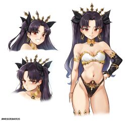 Rule 34 | 1girl, absurdres, armlet, artist name, asymmetrical sleeves, bare shoulders, black hair, blush, bow, breasts, cleavage, collarbone, cropped legs, curvy, earrings, fate/grand order, fate (series), hand on own hip, highres, ishtar (fate), jewelry, long hair, looking at viewer, medium breasts, mr.thunderigor, multiple views, navel, red eyes, shiny skin, simple background, smile, standing, thong, twintails, very long hair, white background, wide hips
