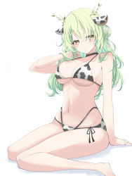 Rule 34 | 1girl, absurdres, animal ears, animal print, antlers, barefoot, bikini, bird, black choker, branch, breasts, ceres fauna, choker, cleavage, commentary, cow ears, cow print, cow print bikini, dreamoon, flower, green hair, hair flower, hair ornament, hand in own hair, highres, hololive, hololive english, horns, large breasts, legs, long hair, looking at viewer, navel, print bikini, simple background, sitting, solo, swimsuit, virtual youtuber, white background, white bird, yellow eyes