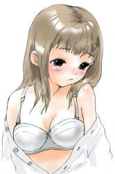 Rule 34 | 1girl, blush, bra, breasts, brown hair, inuburo, lingerie, long hair, open clothes, open shirt, original, shirt, simple background, solo, underwear, white background