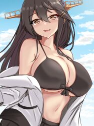 Rule 34 | 1girl, beach, bikini, bikini skirt, black bikini, black hair, blue sky, blush, breasts, brown eyes, cloud, cloudy sky, commentary request, day, frills, hairband, haruna (kancolle), haruna kai ni (kancolle), headgear, highres, jacket, kantai collection, large breasts, long hair, long sleeves, looking at viewer, montemasa, official alternate costume, open mouth, outdoors, sky, smile, solo, swimsuit, swimsuit under clothes