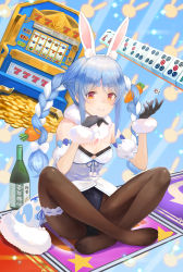 Rule 34 | 1girl, :&gt;, animal ear fluff, animal ears, azuma (artist), bare shoulders, black bra, black gloves, black leotard, black pantyhose, blue hair, bottle, bow, bra, braid, breasts, bridal garter, carrot hair ornament, cleavage, closed mouth, coin, commentary request, detached sleeves, dice, don-chan (usada pekora), dragon quest, dress, food-themed hair ornament, full body, fur-trimmed gloves, fur trim, gloves, gold coin, hair bow, hair ornament, highres, hololive, indian style, leotard, leotard under clothes, looking at viewer, mahjong, mahjong tile, multicolored hair, no shoes, orange eyes, pantyhose, puffy short sleeves, puffy sleeves, rabbit ears, sake bottle, scarf, short sleeves, sidelocks, sitting, slime (dragon quest), slot machine, small breasts, smile, solo, swept bangs, symbol-shaped pupils, thick eyebrows, twin braids, twintails, underwear, usada pekora, usada pekora (1st costume), virtual youtuber, white bow, white dress, white hair