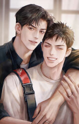 Rule 34 | 2boys, adidas, backpack, bag, blurry, blurry background, brown hair, character request, closed eyes, copyright request, dong2342, hug, hug from behind, indoors, jewelry, looking at viewer, male focus, multiple boys, parted lips, realistic, ring, smile, window, yaoi