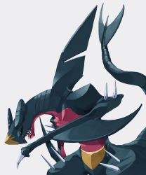 Rule 34 | black sclera, claws, colored sclera, commentary, creatures (company), game freak, garchomp, gen 4 pokemon, gogot, grey background, highres, looking down, nintendo, no humans, pokemon, pokemon (creature), sharp teeth, solo, spikes, teeth, tongue