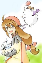 Rule 34 | androgynous, brown eyes, brown hair, clavat, final fantasy, final fantasy crystal chronicles, gender request, happy, long hair clavat, moogle, outdoors, shield, smile