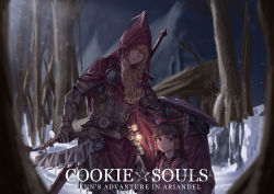 Rule 34 | 2girls, absurdres, apron, armor, axe, blonde hair, bow, braid, breastplate, brown hair, cape, character name, closed eyes, closed mouth, commentary request, cookie (touhou), cowboy shot, crossover, d tomoki, dark souls (series), dark souls iii, dress, forest, frilled bow, frills, gauntlets, greatsword, hair bow, hair tubes, hakurei reimu, highres, holding, holding axe, hood, kirisame marisa, leg armor, long hair, looking at viewer, medium hair, multiple girls, nature, pink apron, purple bow, red bow, red cape, red dress, red eyes, rurima (cookie), saw, saw cleaver, shield, single braid, snow, standing, star (symbol), suzu (cookie), sword, sword behind back, touhou, weapon