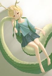 Rule 34 | 1girl, antlers, bare legs, barefoot, blonde hair, blue shirt, blue skirt, chinese text, collarbone, commentary, dragon horns, dragon tail, expressionless, full body, gradient background, grey background, half-closed eyes, highres, holding tail, horns, kanpa (campagne 9), kicchou yachie, looking to the side, pleated skirt, red eyes, shadow, shirt, short hair, short sleeves, simplified chinese text, sitting on own tail, skirt, solo, swept bangs, tail, touhou, turtle shell