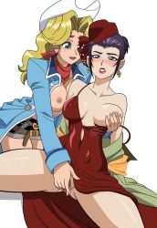 Rule 34 | 1990s (style), 2girls, artist request, bare legs, bare shoulders, black skirt, blonde hair, blush, grabbing another&#039;s breast, breasts, cowboy bebop, cowboy hat, dress, earrings, covered erect nipples, faye valentine, fingering, grabbing, green eyes, hair up, hat, jewelry, judy (cowboy bebop), large breasts, legs, long sleeves, looking at another, looking down, multiple girls, no bra, no panties, one breast out, open clothes, parted lips, purple hair, pussy, pussy juice, red dress, simple background, sitting, skirt, smile, spread legs, thighs, uncensored, wet, white background, yuri