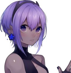 Rule 34 | 1girl, bare shoulders, black gloves, black hairband, black nails, blush, breasts, commentary, daimaou ruaeru, dark-skinned female, dark skin, earrings, fate/prototype, fate/prototype: fragments of blue and silver, fate (series), fingerless gloves, flower earrings, gloves, hair between eyes, hairband, hand up, hassan of serenity (fate), highres, jewelry, medium breasts, nail polish, own hands together, portrait, purple eyes, purple hair, short hair, sidelocks, simple background, solo, white background