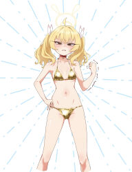 Rule 34 | 1girl, absurdres, ahoge, alternate costume, angry, bare arms, bare shoulders, bikini, blonde hair, blue archive, blush, breasts, clenched hand, gluteal fold, gold bikini, groin, halo, hand on own hip, highres, long hair, looking at viewer, navel, small breasts, solo, standing, stomach, string bikini, suecovsky, swimsuit, white background, yellow bikini, yoshimi (blue archive)