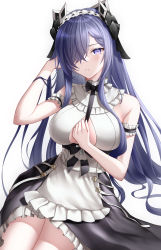 Rule 34 | 1girl, august von parseval (azur lane), august von parseval (the conquered unhulde) (azur lane), azur lane, breasts, closed mouth, hair between eyes, hair over one eye, hand in own hair, hand on own chest, highres, long hair, looking at viewer, maid, maid headdress, medium breasts, naga (pixiv70891418), official alternate costume, purple eyes, purple hair, sitting, solo, white background