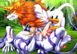 Rule 34 | 1girl, 2boys, beanie, bestiality, blonde hair, blue eyes, bottomless, breasts, clothes lift, digimon, digimon (creature), dog, dorulumon, double penetration, fangs, garurumon, hat, hetero, interspecies, legs apart, lying, medium breasts, multiple boys, nature, on back, orimoto izumi, outdoors, penis, pussy, shirt lift, size difference, tongue, tongue out