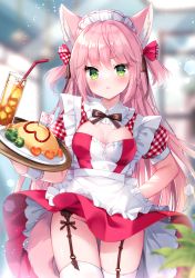 Rule 34 | 1girl, :&lt;, animal ear fluff, animal ears, arm behind back, bendy straw, blurry, blurry background, blush, bow, breasts, brown bow, closed mouth, cup, depth of field, dress, drink, drinking glass, drinking straw, food, garter belt, gingham, green eyes, groin, heart, highres, holding, holding tray, ice, ice cube, indoors, irori, long hair, medium breasts, omelet, omurice, original, pink hair, plate, puffy short sleeves, puffy sleeves, red dress, short sleeves, solo, tail, thighhighs, tray, two side up, v-shaped eyebrows, very long hair, white thighhighs