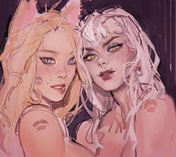 Rule 34 | 2girls, ahri (league of legends), animal ears, bare shoulders, biting own lip, black eyeshadow, blonde hair, blue eyes, blush, breasts, close-up, demon, demon girl, evelynn (league of legends), eyeshadow, fox ears, fox girl, highres, league of legends, lipstick mark, long hair, looking at viewer, makeup, medium breasts, messy hair, multiple girls, parted lips, pink lips, red lips, seansketches, sidelocks, slit pupils, source request, the baddest ahri, the baddest evelynn, unfinished, white hair, yellow eyes, yuri