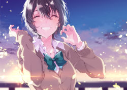 Rule 34 | 1girl, :d, ^ ^, backlighting, black hair, blue sky, blurry, blush, bow, bowtie, cardigan, closed eyes, collared shirt, depth of field, dripping, facing viewer, green bow, green bowtie, hair between eyes, hands up, happy, happy tears, jewelry, long sleeves, morning, necklace, open mouth, original, outdoors, petals, railing, school uniform, shirt, short hair, sky, smile, solo, sunlight, sunrise, tears, u35, upper body, white shirt, wing collar