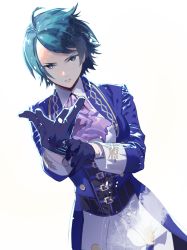 Rule 34 | 1girl, ahoge, ascot, blue eyes, blue gloves, blue hair, blue jacket, buckle, cofffee, elisabeth blanctorche, formal, glove pull, gloves, jacket, lips, looking at viewer, pants, short hair, simple background, solo, suit, the king of fighters, the king of fighters xv, white background, white pants