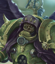 Rule 34 | 1boy, armor, breastplate, cataracts, chaos (warhammer), close-up, colored skin, commentary, damaged, damaged skin, death guard, decay, decaying skin, demon primarch, disease, english commentary, green armor, green background, green skin, grohgrog, highres, injury, insect wings, making-of available, monster, mortarion, moth wings, no nose, nurgle, plague marine, power armor, primarch, purple wings, respirator, shoulder spikes, skeletal face, skull, skull ornament, spiked hood, spiked pauldrons, spikes, upper body, warhammer 40k, wings