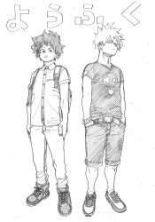 Rule 34 | 2boys, absurdres, adam&#039;s apple, arms at sides, backpack, bag, bakugou katsuki, belt, boku no hero academia, bomb print, buttons, casual, clothing request, collared shirt, cross-laced footwear, dress shirt, freckles, frown, full body, graphite (medium), greyscale, hands in pockets, hatching (texture), highres, horikoshi kouhei, legs apart, linear hatching, looking at viewer, looking to the side, male focus, midoriya izuku, monochrome, multiple boys, multiple bracelets, print shirt, shirt, shoes, short hair, short sleeves, side-by-side, sideways glance, simple background, sneakers, spiked hair, standing, symmetrical pose, t-shirt, text focus, traditional media, v-neck, white background, wing collar