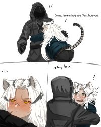 Rule 34 | !, 1girl, 1other, absurdres, animal ears, arknights, ass, blush, comic, doctor (arknights), english text, highres, hood, hooded jacket, hug, indra (arknights), jacket, long hair, mask, najashi, simple background, tail, tiger ears, tiger girl, tiger tail, white hair, yellow eyes