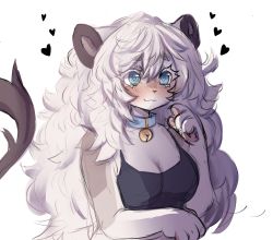 Rule 34 | 1girl, @ @, anakoluth, animal ears, bell, blue eyes, blush, breasts, cleavage, closed mouth, furry, furry female, heart, highres, large breasts, lion ears, lion girl, lion tail, long hair, looking away, messy hair, neck bell, original, solo, tail, upper body, white hair