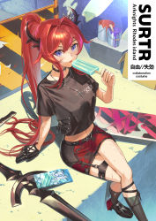 Rule 34 | 1girl, arknights, belt, black footwear, black gloves, black socks, black shirt, character name, collarbone, commentary request, cross, cross necklace, crossed legs, crown, demon horns, food, foot out of frame, gloves, highres, holding, holding food, horns, jewelry, kneehighs, long hair, looking at viewer, makkuro, midriff, necklace, official alternate costume, outdoors, ponytail, popsicle, purple eyes, red hair, red skirt, ring, shirt, shoes, short sleeves, single glove, sitting, skateboard, skirt, sky, socks, solo, surtr (arknights), surtr (liberte echec) (arknights), sweat, t-shirt, thigh strap, thighs