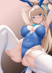 Rule 34 | 1girl, akino hamo, animal ears, armpits, arms up, bare shoulders, blonde hair, blue archive, blue eyes, blue leotard, blush, bound, bow, bowtie, braid, breasts, cameltoe, cleavage, cleft of venus, covered navel, crotch, detached collar, earpiece, fake animal ears, fake tail, french braid, gluteal fold, halo, high heels, highleg, highleg leotard, highres, large breasts, leotard, long hair, looking at viewer, playboy bunny, rabbit ears, rabbit tail, restrained, rope, solo, sweat, tail, thighhighs, thighs, toki (blue archive), toki (bunny) (blue archive), white thighhighs, wrist cuffs
