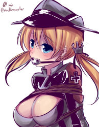 Rule 34 | 10s, 1girl, anchor, arms behind back, ball gag, bdsm, blonde hair, blue eyes, blush, bondage, bound, breasts, cleavage, cleavage cutout, clothing cutout, completion time, cross, gag, gagged, hair ornament, hat, iron cross, kantai collection, large breasts, long hair, looking at viewer, low twintails, maullarmaullar, peaked cap, prinz eugen (kancolle), rope, solo, twintails, twitter username, wiffle gag