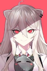 Rule 34 | &gt;:), 1girl, absurdres, adriano ssrb, ahoge, animal ears, collared shirt, ear piercing, hair between eyes, highres, hololive, lion ears, lion girl, long hair, looking at viewer, piercing, portrait, red background, red eyes, shirt, shishiro botan, shishiro botan (button-down), sidelocks, silver hair, simple background, smile, solo, ssrb (shishiro botan), v-shaped eyebrows, virtual youtuber, white shirt