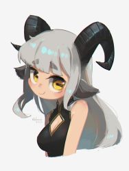 Rule 34 | 1girl, absurdres, artist name, black horns, bolt (min lona), borrowed character, cropped torso, dated, goat horns, grey hair, highres, horizontal pupils, horns, long hair, original, porforever, simple background, solo, white background, yellow eyes