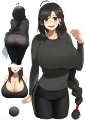 Rule 34 | 1girl, ahoge, ass, bent over, black hair, black leggings, black sweater, blush, braid, braided ponytail, breasts, cleavage, crossed legs, general liu (girls&#039; frontline), girls&#039; frontline, highres, huge breasts, kion-kun, leggings, long braid, long hair, long sleeves, looking at viewer, mole, mole under eye, multiple views, open mouth, ribbed sweater, simple background, single braid, smile, sweater, swept bangs, very long hair, white background