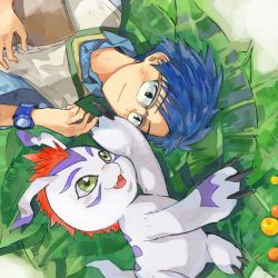 Rule 34 | 1boy, black eyes, blue hair, blush, digimon, digimon (creature), digimon adventure: (2020), eye contact, get3, glasses, gomamon, green eyes, hand up, highres, kido jo, leaf, looking at another, lying, male focus, on back, open mouth, outdoors, short hair, watch, wristwatch