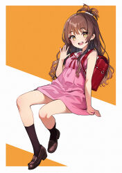 Rule 34 | 1girl, absurdres, backpack, bag, black socks, brown hair, dress, full body, hand up, highres, invisible chair, loafers, long hair, looking at viewer, open mouth, pink dress, randoseru, sailor collar, shoes, sitting, sleeveless, sleeveless dress, smile, socks, solo, teeth, to love-ru, topknot, two-tone background, upper teeth only, waving, white background, white sailor collar, yellow background, yellow eyes, yuuki mikan, zero (miraichizu)