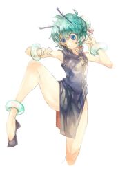 Rule 34 | 1girl, alternate costume, antennae, black dress, black footwear, blue eyes, blush, bun cover, china dress, chinese clothes, closed mouth, commentary request, dress, expressionless, flat chest, foot out of frame, green hair, hair between eyes, hair bun, highres, leg lift, looking at viewer, shin&#039;ichi (yokosuka220), shoes, short hair, simple background, sleeveless, sleeveless dress, solo, touhou, white background, wriggle nightbug