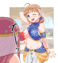 Rule 34 | 10s, 2girls, ahoge, arm behind back, arm behind head, arm up, bare shoulders, blood, blurry, blurry background, bracelet, breasts, convenient censoring, earrings, gonta (gshoutai), highres, jewelry, kokoro magic a to z, long hair, love live!, love live! sunshine!!, medium breasts, medium hair, midriff, multiple girls, navel, no bra, nosebleed, one breast out, one eye closed, open mouth, orange hair, pink eyes, red hair, sakurauchi riko, sideboob, smile, solo focus, standing, stomach, takami chika, translation request, wide hips