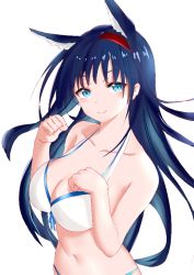 Rule 34 | 1girl, alternate costume, animal ears, arknights, bare arms, bare shoulders, bikini, blaze (arknights), blue eyes, blue hair, breasts, cat ears, chinese commentary, cleavage, collarbone, commentary request, hairband, halterneck, hands up, large breasts, long hair, looking at viewer, navel, partial commentary, red hairband, simple background, smile, solo, stomach, swimsuit, upper body, white background, white bikini, yuexin@moon