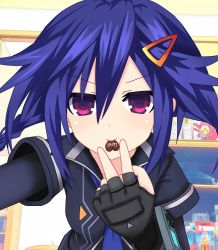 Rule 34 | 1girl, ankokuboshi kurome, black gloves, black shirt, blue hair, blue necktie, braid, candy, chocolate, chocolate heart, close-up, commentary request, fingerless gloves, fingers to mouth, food, g.g. shou, gloves, hair between eyes, hair ornament, hairclip, heart, highres, indoors, looking at viewer, mouth hold, necktie, neptune (series), purple eyes, shin jigen game neptune vii, shirt, smile, solo, twin braids, twintails, upper body, valentine