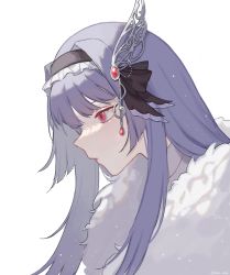 Rule 34 | 1girl, 3di project, blunt bangs, closed mouth, eyelashes, frills, fur scarf, hair ornament, hairband, highres, jewelry, light purple hair, long hair, looking to the side, maichle (mai chle30), marcheline, red eyes, solo, virtual youtuber, white background