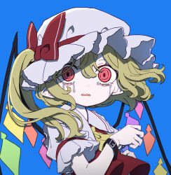 Rule 34 | 1girl, absurdres, ascot, blonde hair, blue background, collared shirt, crying, crying with eyes open, crystal, flandre scarlet, hat, highres, kame (kamepan44231), long hair, looking at viewer, mob cap, one side up, open mouth, pointy ears, red eyes, red vest, shirt, short sleeves, simple background, solo, tears, touhou, upper body, vest, white hat, white shirt, wings, wrist cuffs, yellow ascot