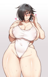 Rule 34 | 1girl, black hair, breasts, bursting breasts, covered erect nipples, female focus, glasses, hair over one eye, hand on own chest, heart, highres, huge breasts, korotsuke, looking at viewer, plump, red eyes, shiny skin, short hair, smile, solo, sweat, swimsuit, thick thighs, thighs, white background, wide hips