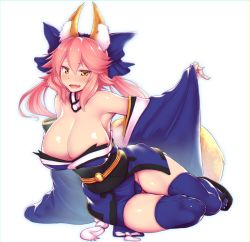Rule 34 | 10s, 1girl, animal ears, arm support, bare shoulders, blue bow, blue thighhighs, blush, bow, breasts, cameltoe, cleavage, detached sleeves, eyebrows, fang, fate/extra, fate (series), fox ears, full body, groin, hair between eyes, hair bow, highres, kagami uekusa, large breasts, long hair, obi, pink hair, ponytail, sandals, sash, simple background, sitting, solo, tail, tamamo no mae (fate/extra), thighhighs, white background, wide sleeves, yellow eyes