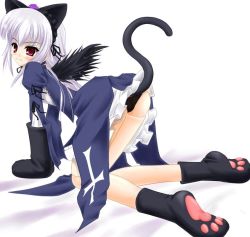 Rule 34 | 00s, 1girl, all fours, anal tail, animal ears, animal hands, black panties, butt plug, cat ears, cat tail, doll joints, fake animal ears, fake tail, female focus, joints, katsuragi niya, panties, paw shoes, pawpads, rozen maiden, see-through, sex toy, simple background, solo, suigintou, tail, underwear, white background