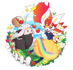 Rule 34 | absurdres, apple, basket, blue shirt, bright pupils, bug, butterfly, choker, cinderace, closed mouth, clothed pokemon, colaoud, commentary request, creatures (company), evolutionary line, fence, flower, food, fruit, furry, game freak, gen 8 pokemon, hand up, highres, insect, korean commentary, nintendo, open mouth, pokemon, pokemon (creature), raboot, red eyes, scorbunny, shirt, short sleeves, skirt, smile, snow white and the seven dwarfs, teeth, tongue, upper teeth only, white flower, white pupils, yellow skirt