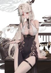 Rule 34 | 1girl, bare shoulders, black dress, blush, breasts, chair, cleavage, covered navel, cowboy shot, dress, genshin impact, grey hair, hair ornament, hair stick, holding, holding smoking pipe, large breasts, lipstick, long hair, looking at viewer, makeup, mole, mole on breast, nineye, ningguang (genshin impact), office chair, parted bangs, parted lips, pelvic curtain, phone, red eyes, simple background, sleeveless, sleeveless dress, smile, smoke, smoking pipe, solo, swivel chair, thigh strap, very long hair, white background