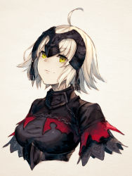 Rule 34 | 1girl, absurdres, ahoge, chain, cropped torso, fate/grand order, fate (series), headpiece, highres, jeanne d&#039;arc (fate), jeanne d&#039;arc alter (avenger) (fate), jeanne d&#039;arc alter (fate), kusano shinta, looking up, short hair, silver hair, smile, solo, yellow eyes