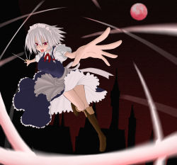Rule 34 | 1girl, boots, braid, breasts, dress, female focus, gradient background, hair ribbon, izayoi sakuya, knife, maid, moon, outdoors, red eyes, red moon, ribbon, short hair, silver hair, sky, solo, sourouhoukeisotin, throwing knife, touhou, twin braids, twintails, weapon