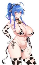 Rule 34 | 1girl, ahoge, animal ears, animal print, areola slip, azur lane, bell, bikini, bilei, black collar, black hairband, blue hair, breasts, closed mouth, collar, cow ears, cow horns, cow print, cow print bikini, cow tail, cowbell, elbow gloves, extra ears, fake animal ears, fake horns, female pubic hair, gloves, hairband, hand on own hip, highres, horns, large breasts, navel, neck bell, print bikini, print gloves, print thighhighs, pubic hair, pubic hair peek, purple eyes, revision, side-tie bikini bottom, side ponytail, sidelocks, simple background, skindentation, smile, solo, st. louis (azur lane), stomach, strap gap, swimsuit, tail, thighhighs, thighs, wavy hair, white background