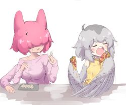Rule 34 | 1girl, ahoge, bare shoulders, blush, breasts, chopsticks, dumpling, eating, feathered wings, food, food on wings, grey feathers, grey hair, grey wings, harpy, holding, holding chopsticks, jiaozi, medium breasts, medium hair, messy, mono (sifserf), monster girl, open mouth, original, owl girl, pepperoni, pink hair, pink shirt, pizza, shirt, sifserf, small breasts, sweater, sweater vest, teeth, turtleneck, turtleneck sweater, upper teeth only, white background, winged arms, wings, yellow sweater vest