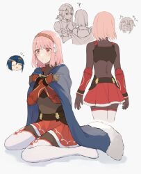 Rule 34 | 1boy, 1girl, alcryst (fire emblem), armor, blue cape, bodysuit, boots, cape, closed mouth, fire emblem, fire emblem engage, hair ribbon, hairband, highres, knee boots, lapis (fire emblem), looking at another, nintendo, pink hair, red eyes, ribbon, short hair, skirt, white background, wspread